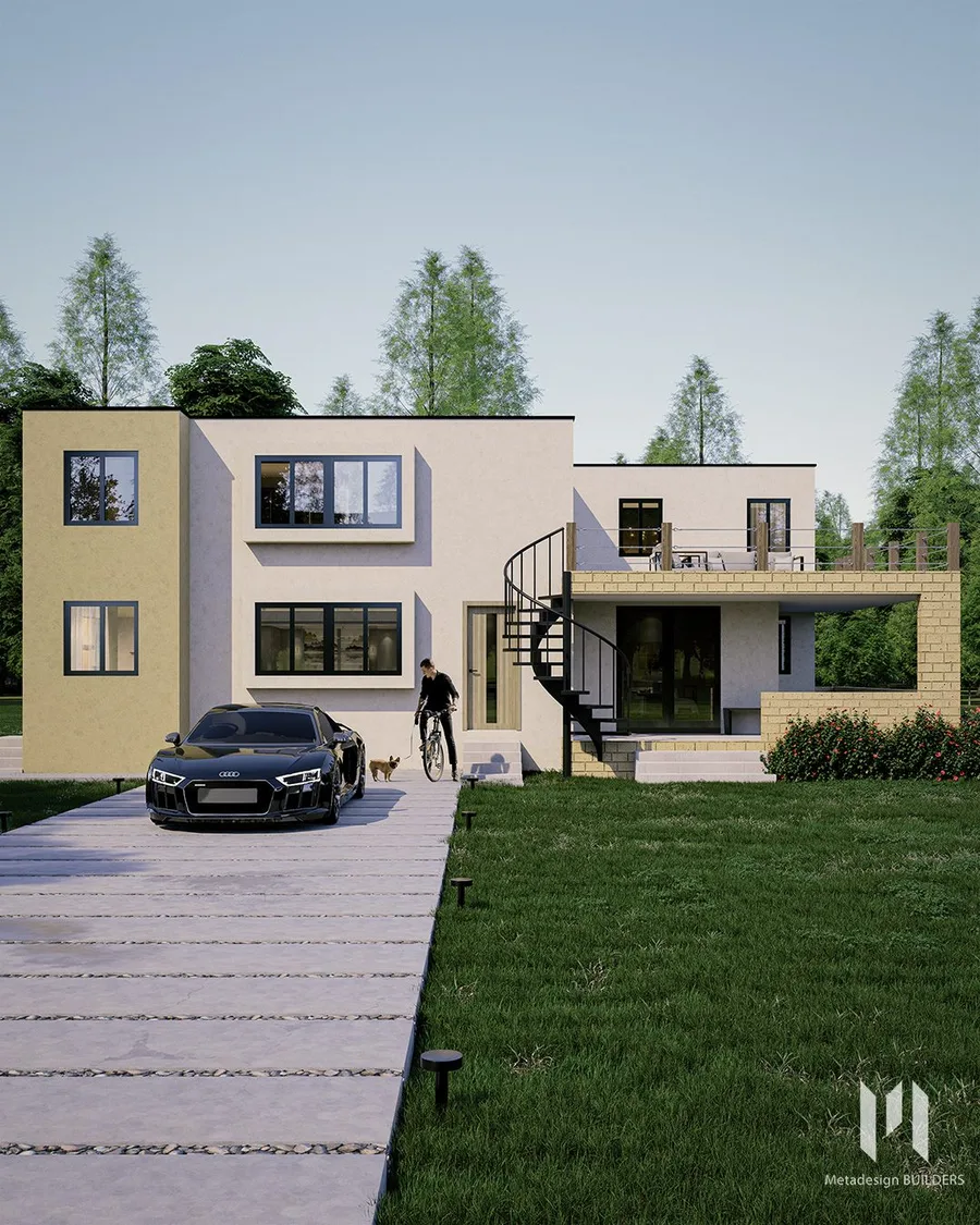 Photorealistic render of the front approach to a garden residence, with a figure, bicycle and dog on the pathway beside a parked car.